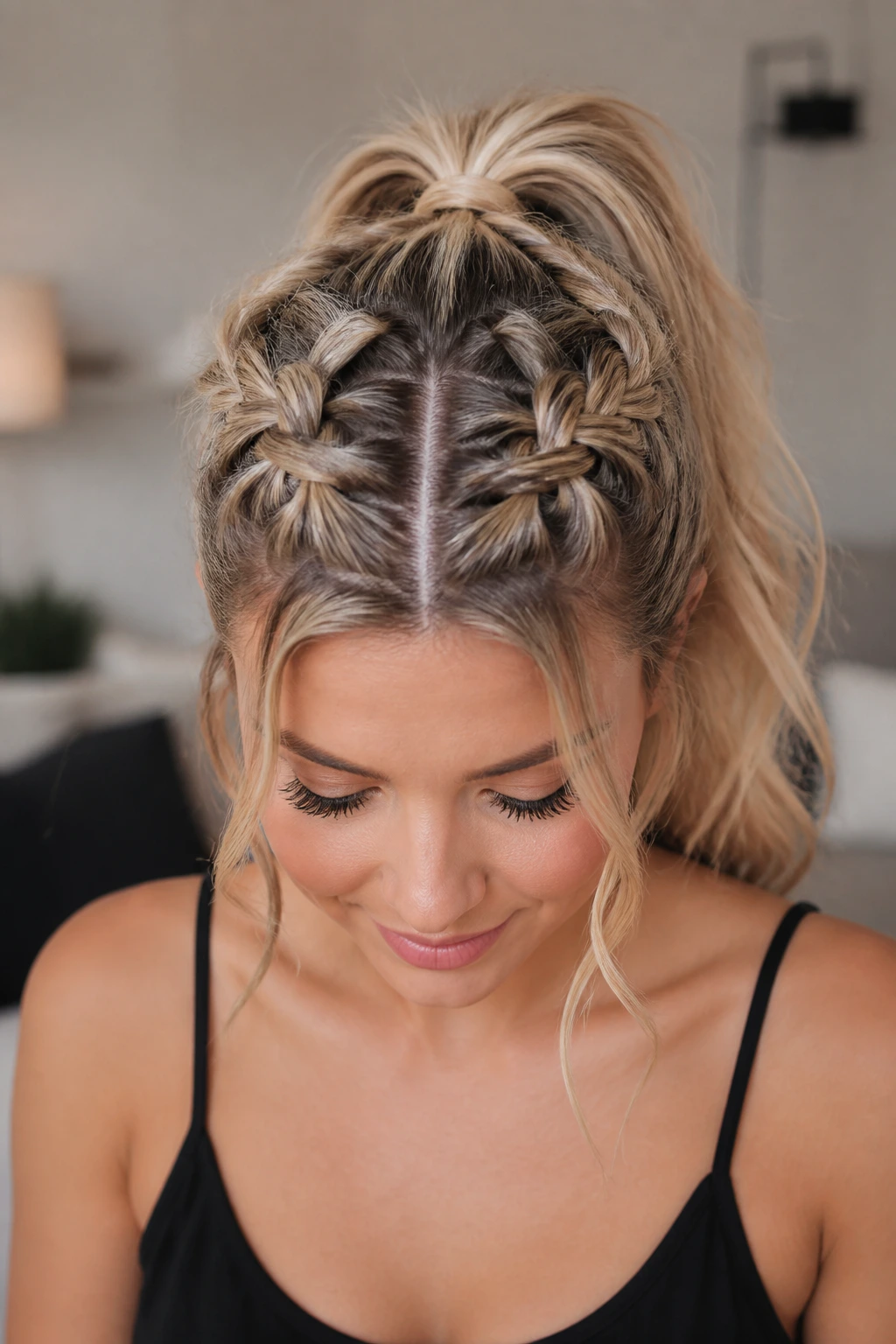 Real woman with twin butterfly braids meeting at a central ponytail
