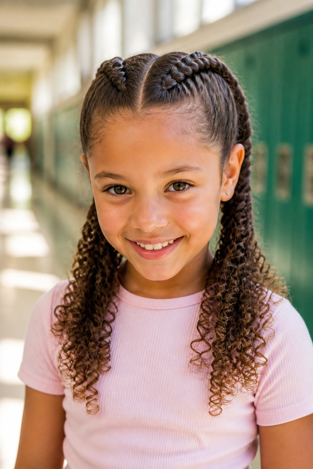 Close-up of a real child with double Dutch braids ending in curly ends