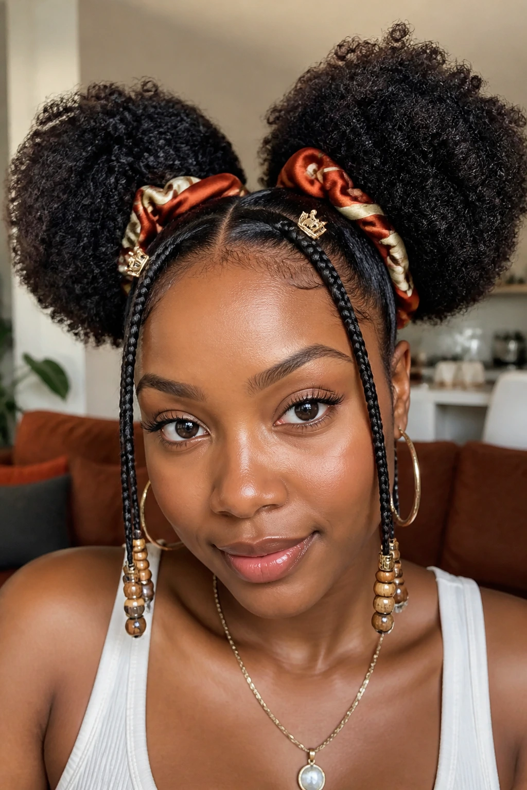 Close-up of a real woman with accessorized double afro puffs, scarf at base, clip near the part, beads at braid ends.