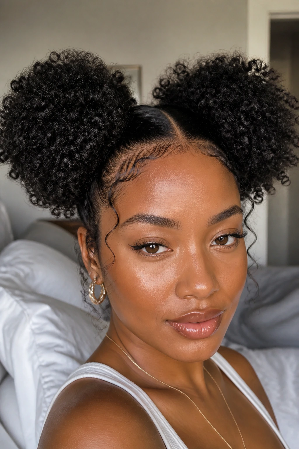 Close-up of a real woman with double puffs and soft edges hairstyle