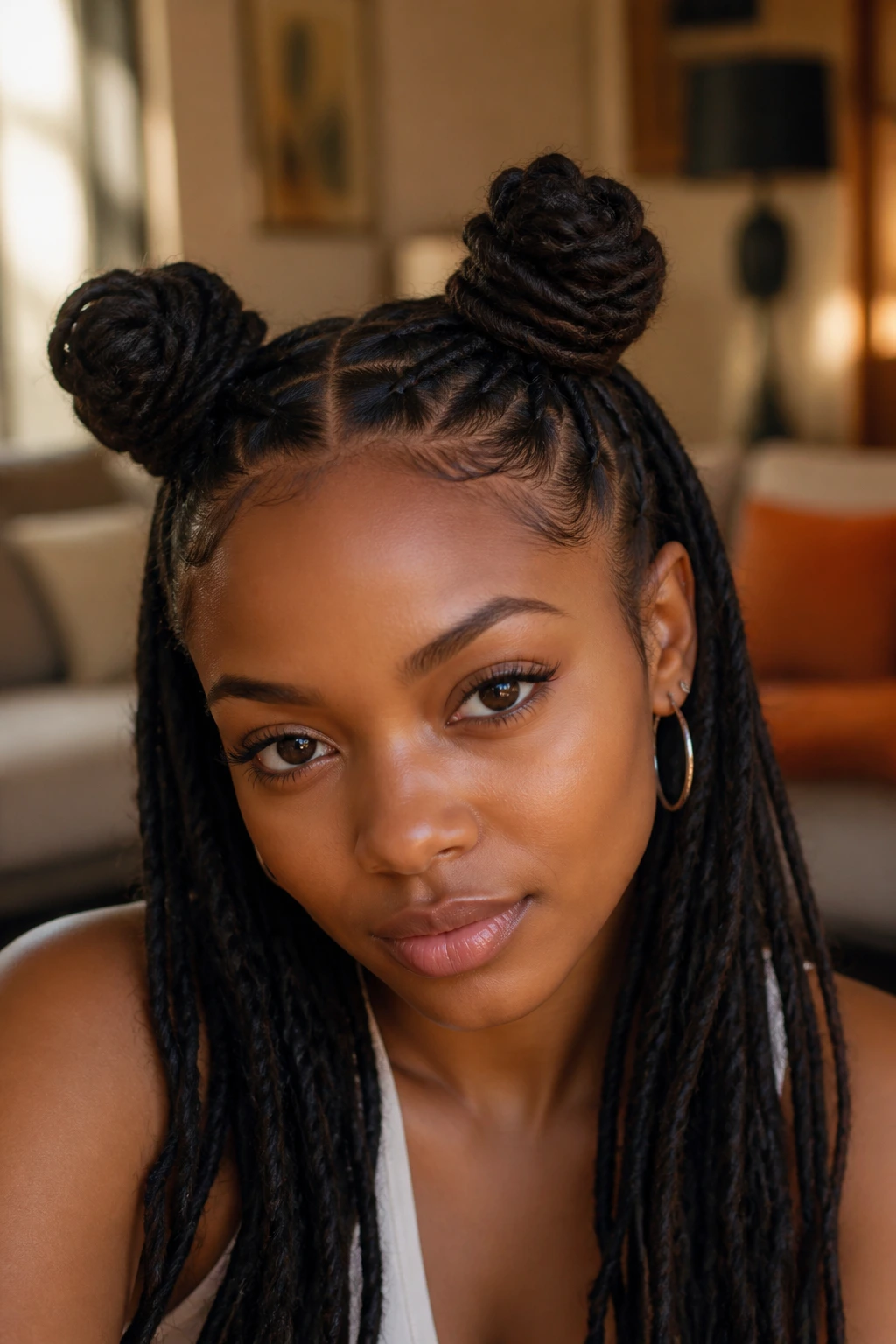 Close-up of a real woman with double space bun Bantu knots on long locs in warm natural light