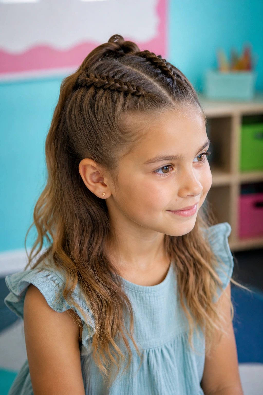 Medium close-up of a child with Dutch braids brought to the crown in a classroom