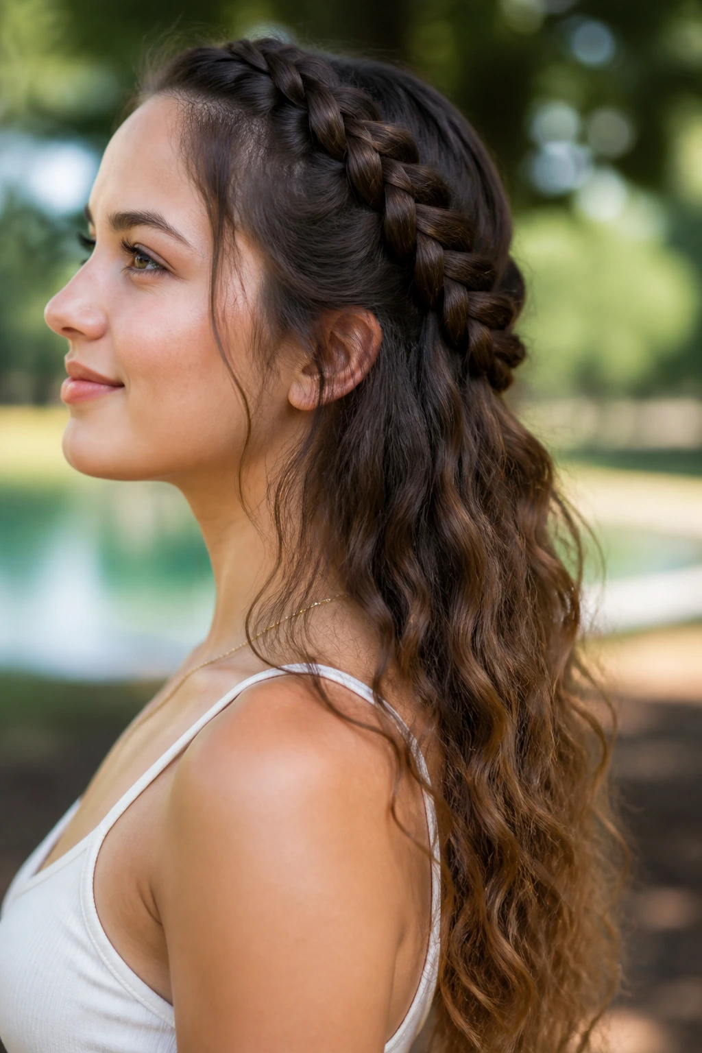 Close-up of a woman with a Dutch braid on top and loose wavy ends in natural outdoor light