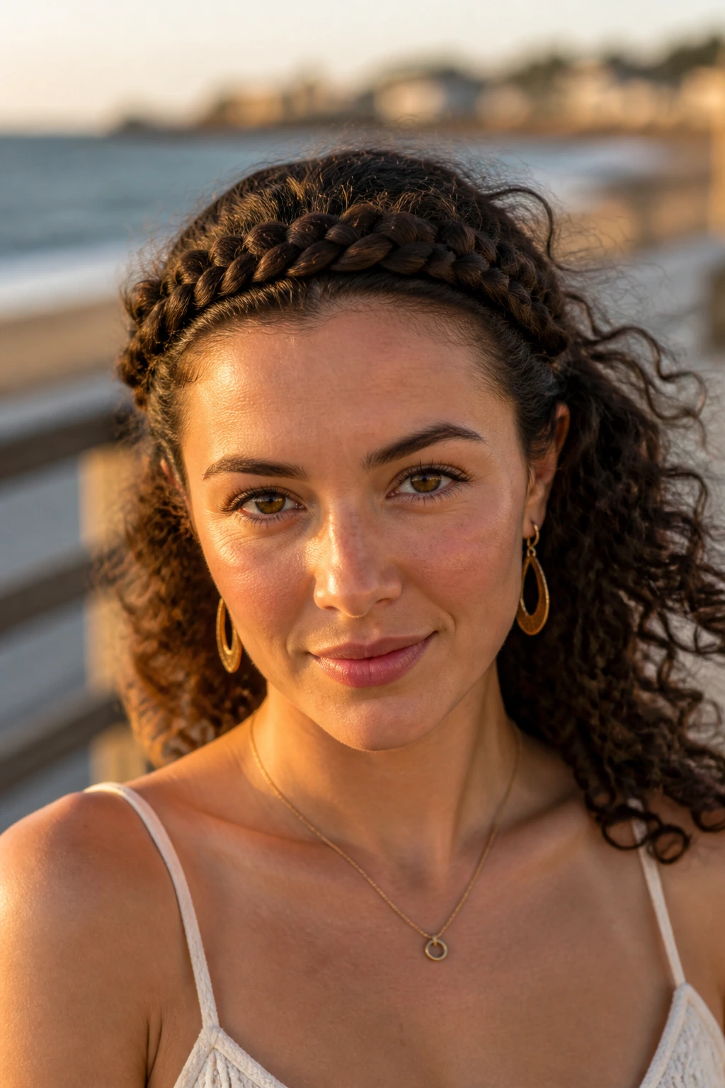 Close-up of a person with an ear-to-ear crown braid across the front