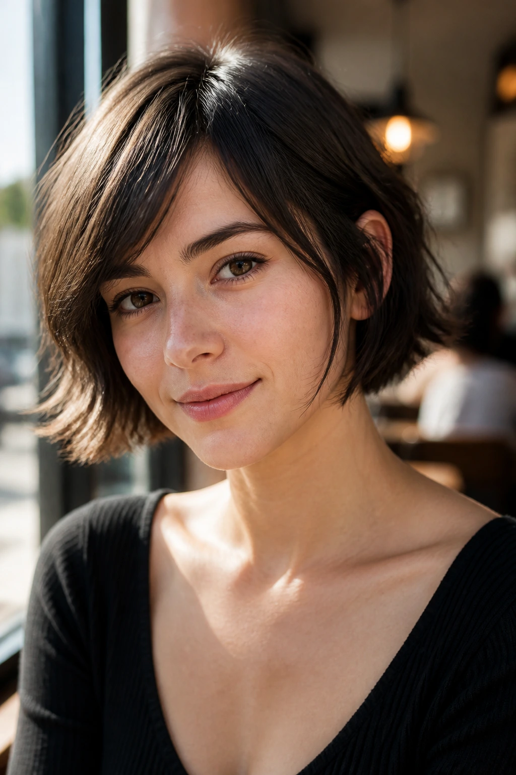 Close-up portrait of a real woman with an ear-length bob with wispy ends in warm window light