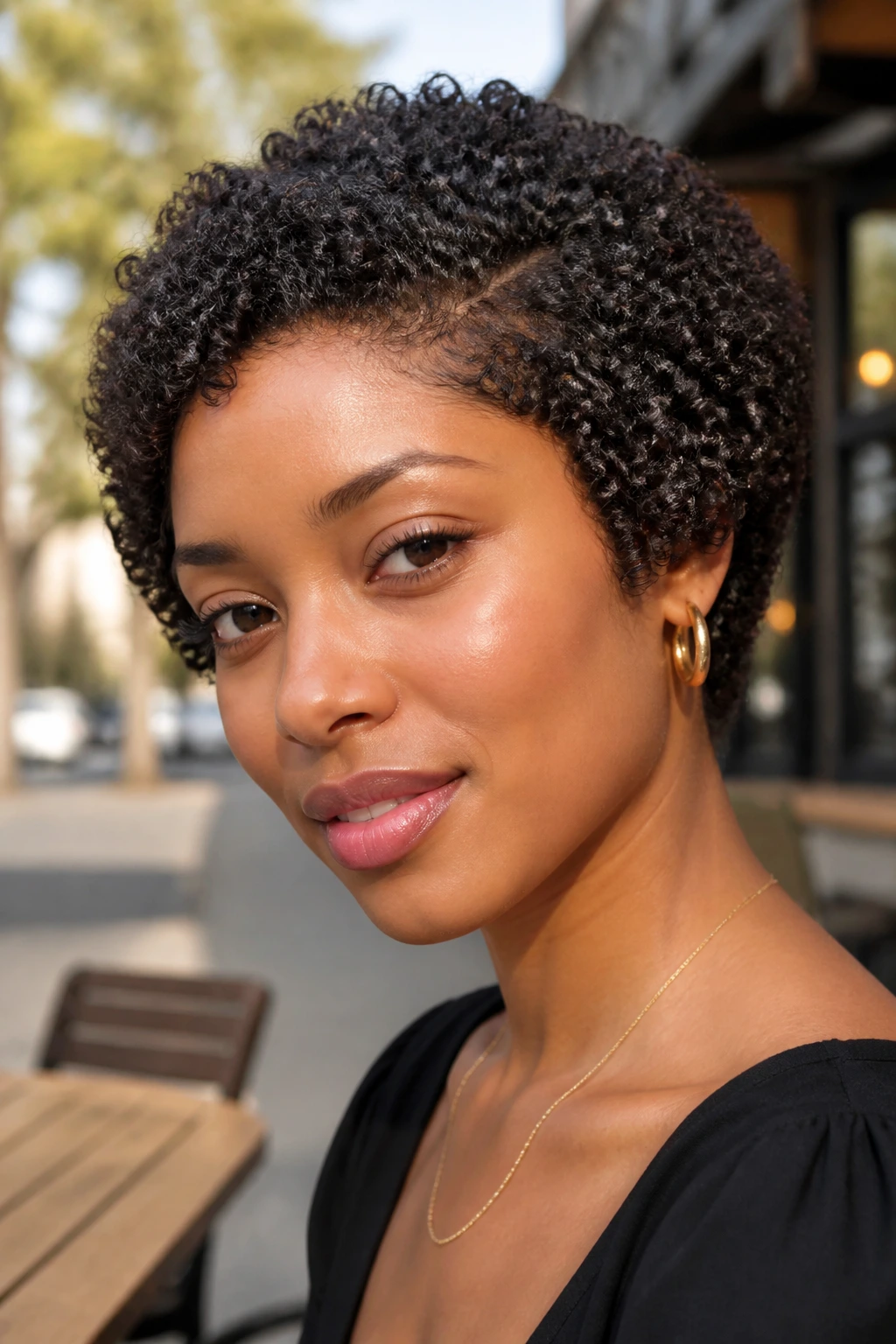 Close-up portrait of a real woman with ear-length coil bob