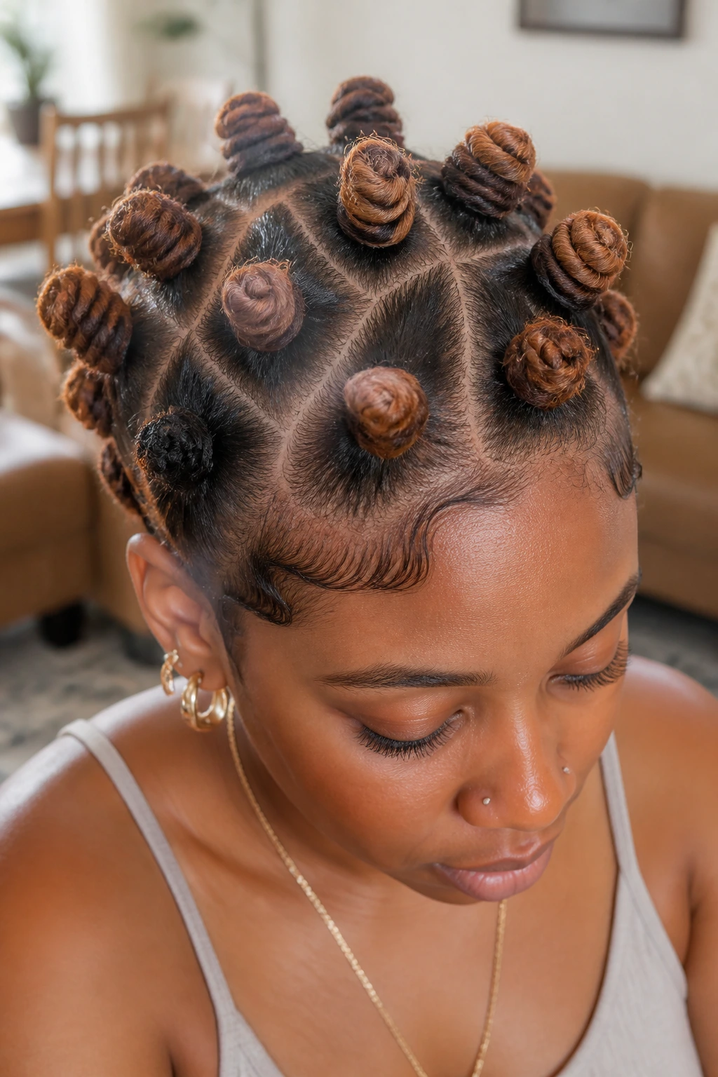 Close-up of espresso-to caramel colored crochet Bantu knots on a real person