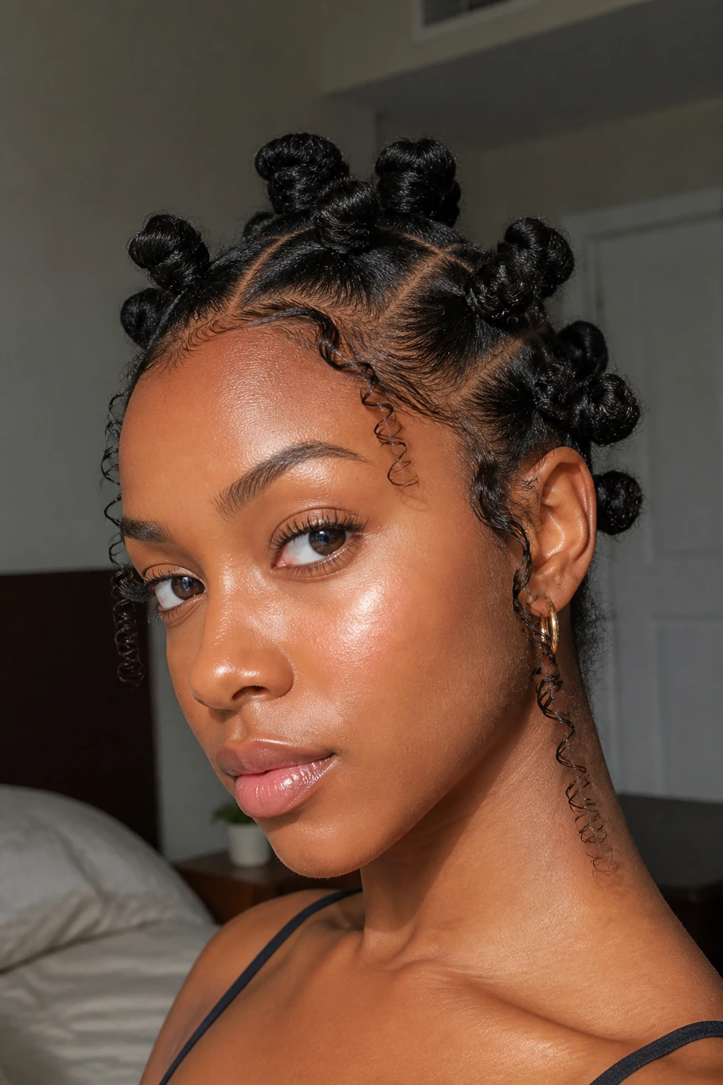 Close-up of a real woman with face-framing curls integrated into crochet Bantu knots