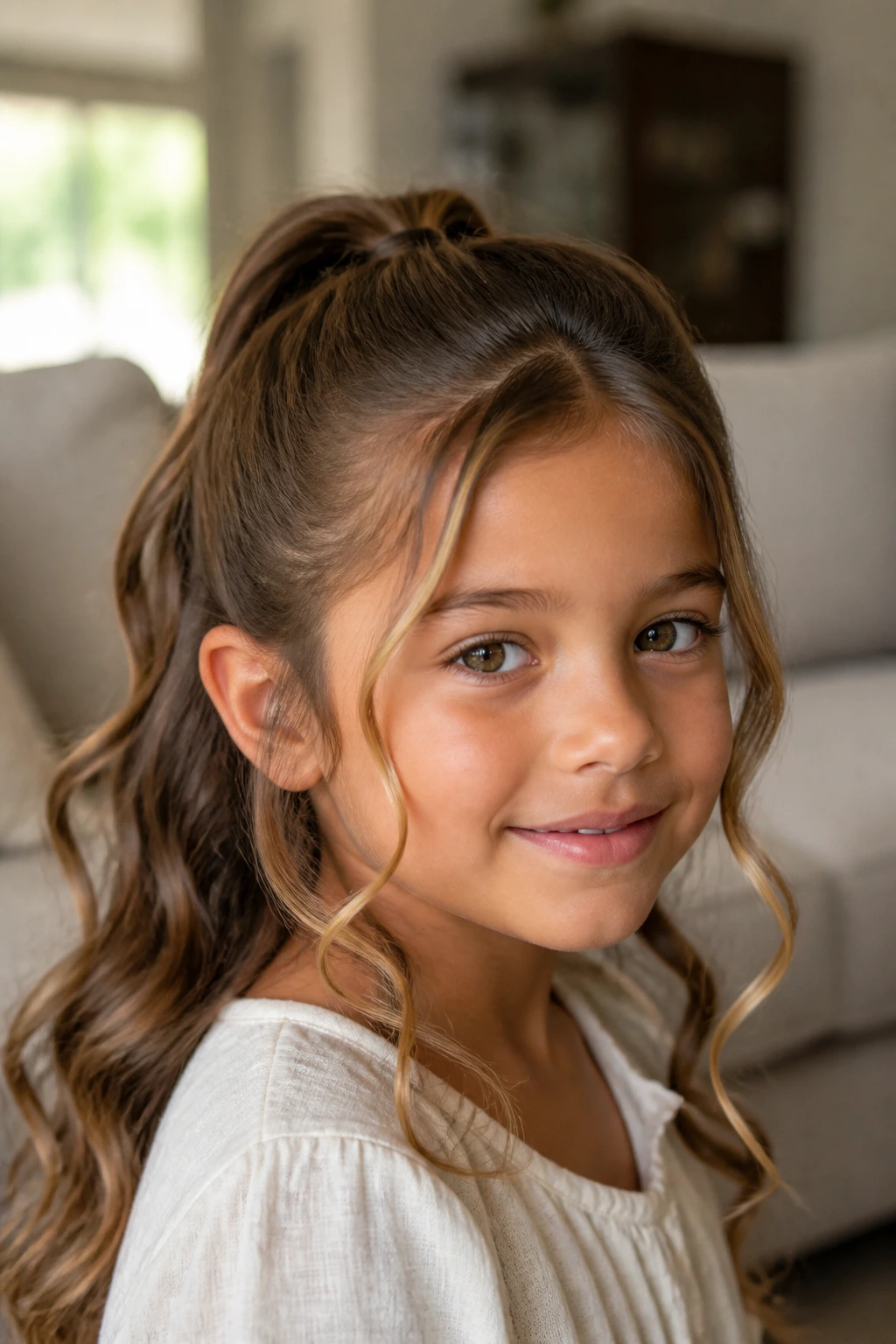 Child with half-up ponytail and loose face-framing pieces framing the face