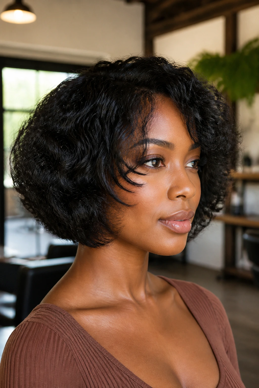 Close-up of a real Black woman with a cheekbone-length front-layered bob in a sunlit salon