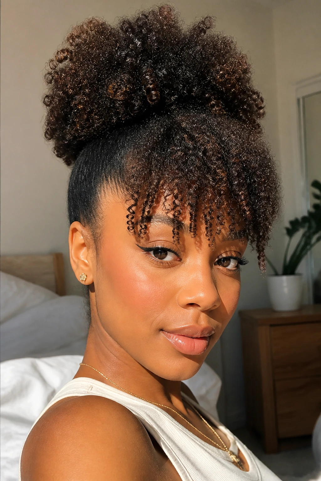 Real woman with high puff and faux bangs framing the face