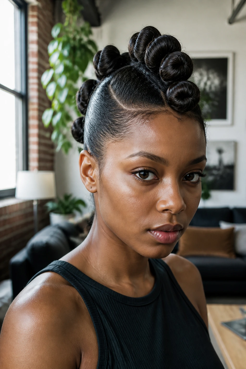 Medium close-up of a real woman with center faux-hawk Bantu knots and sleek sides