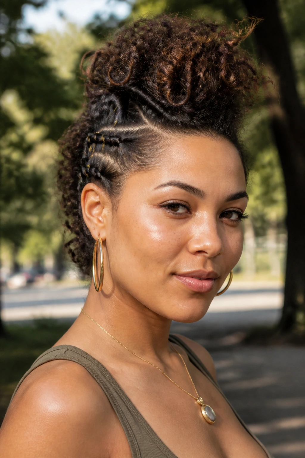 Portrait of a real woman with a center faux hawk and pinned sides.