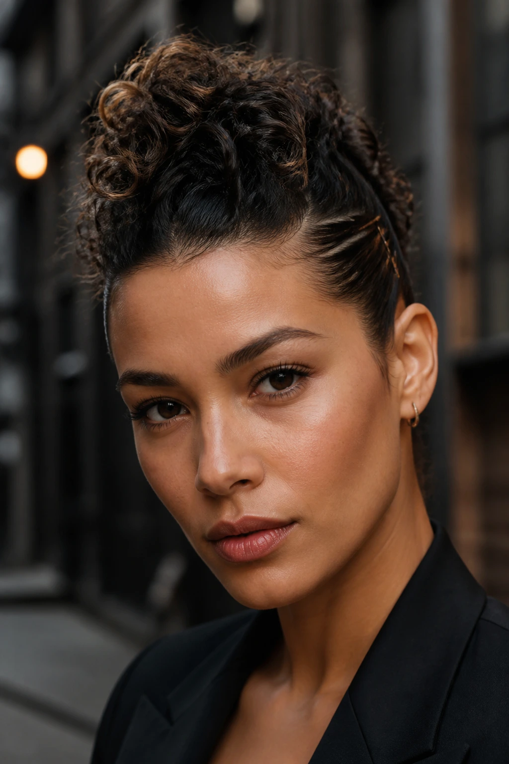 Close-up of a real person with a pinned-sides faux hawk