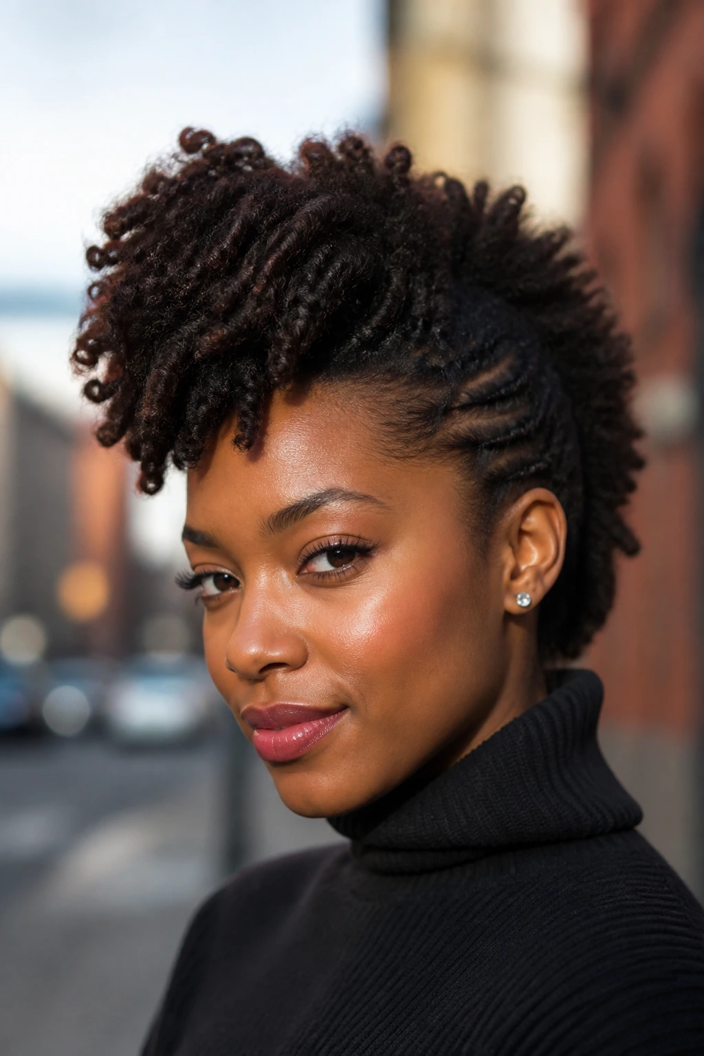 Portrait of a real person with a curly loc faux hawk, central ridge of curls and pinned sides
