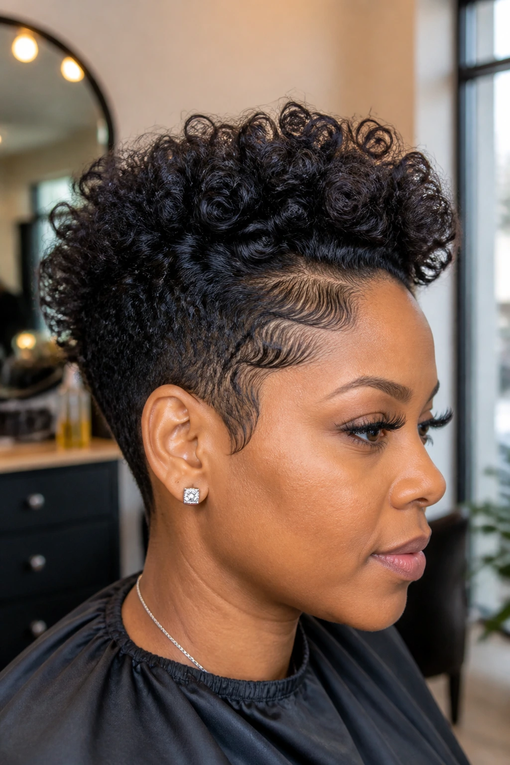 Close-up portrait of a real person with a faux hawk, tapered sides, and laid edges.
