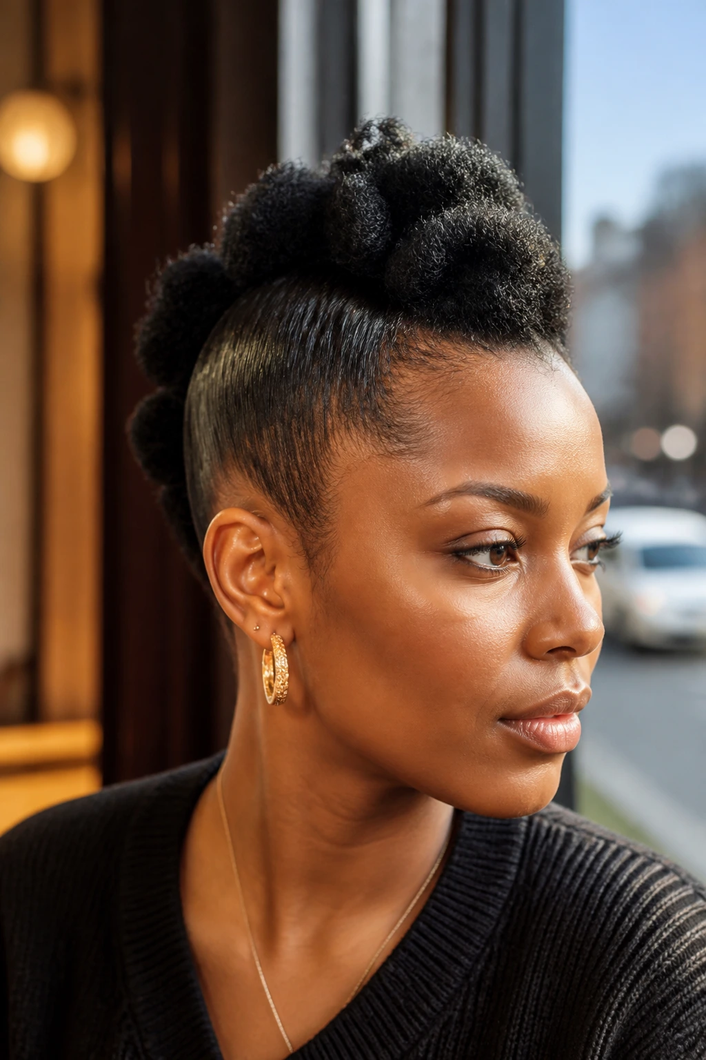 Close-up portrait of a real person with a faux hawk puff hairstyle.