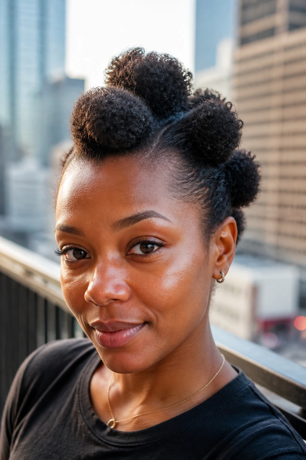 Close-up of a real woman with four puff sections forming a faux hawk on a balcony
