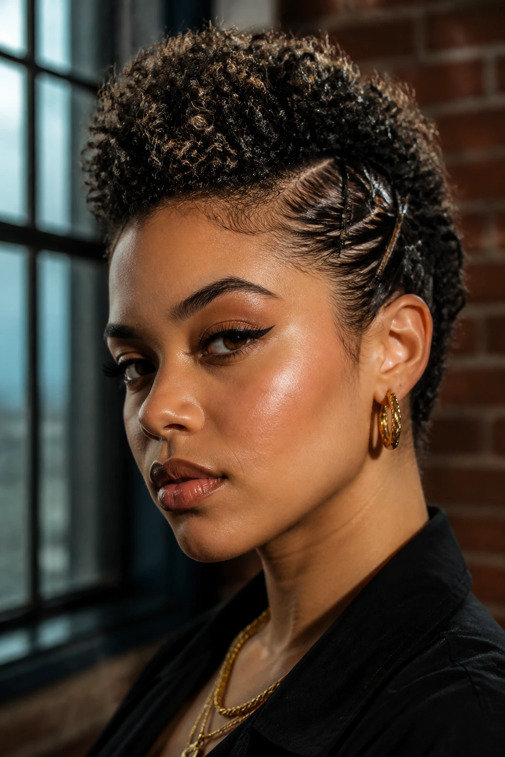 Close-up portrait of a woman with pinned-sides faux hawk on short curls