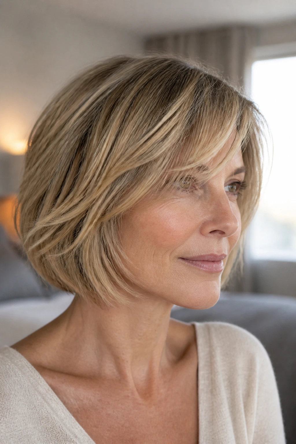 Portrait of a woman with a feathered bob for fine hair under soft window light