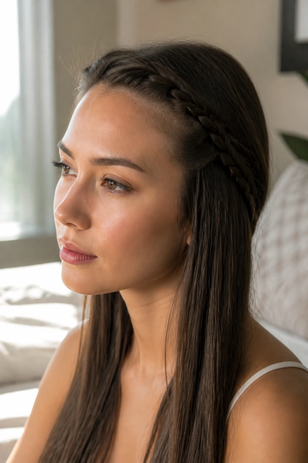 Close-up portrait of a real woman with straight hair and a side braid accent under natural window light