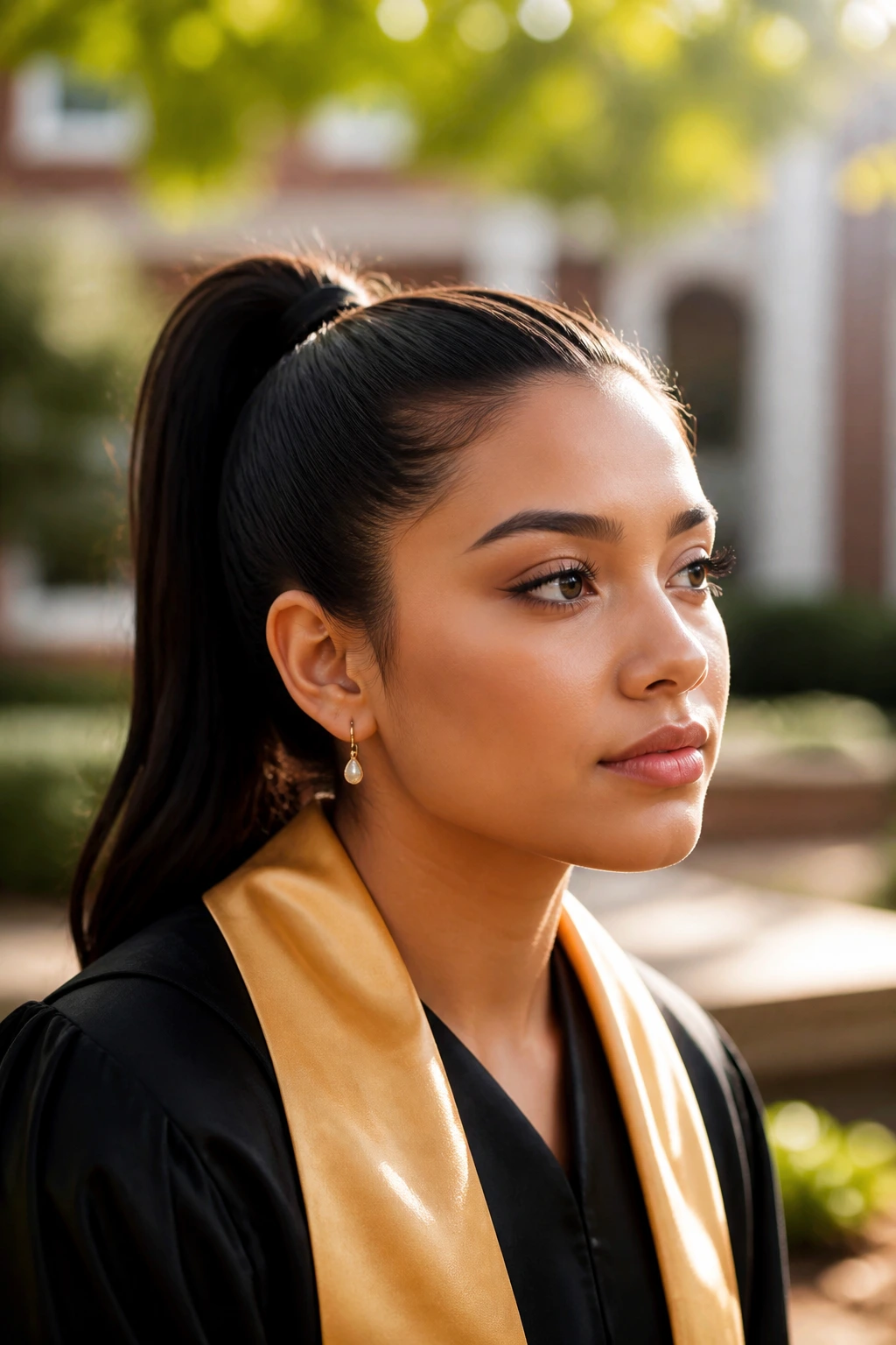 Close-up portrait of a real graduate woman with a polished high ponytail in a sunlit campus courtyard