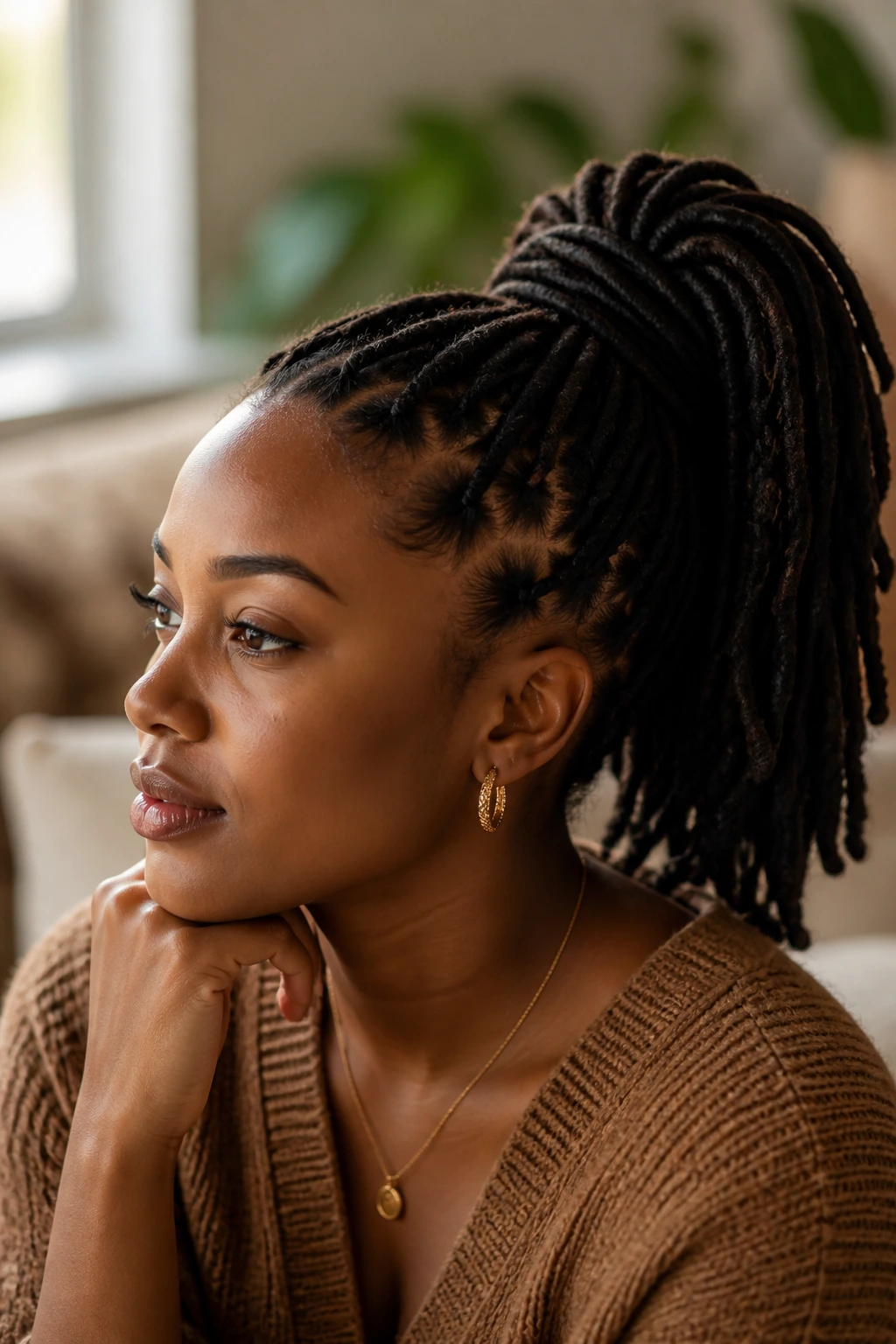 Close-up portrait of a Black woman with locs in a high ponytail under warm window light