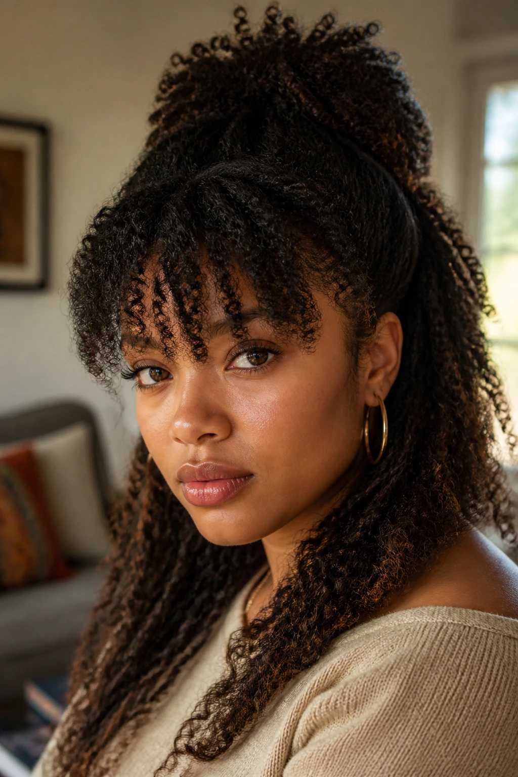 Close-up portrait of a real woman with natural hair half-up half-down and bangs in warm window light