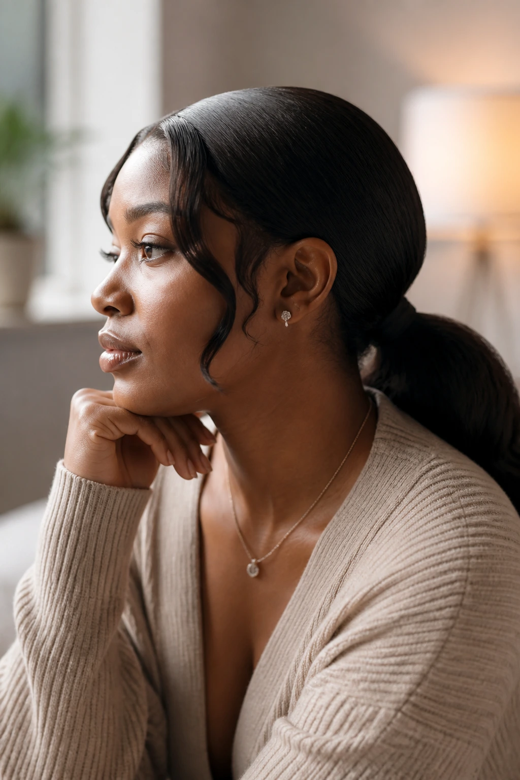 Close-up portrait of a thoughtful woman in a warm window-lit home setting.