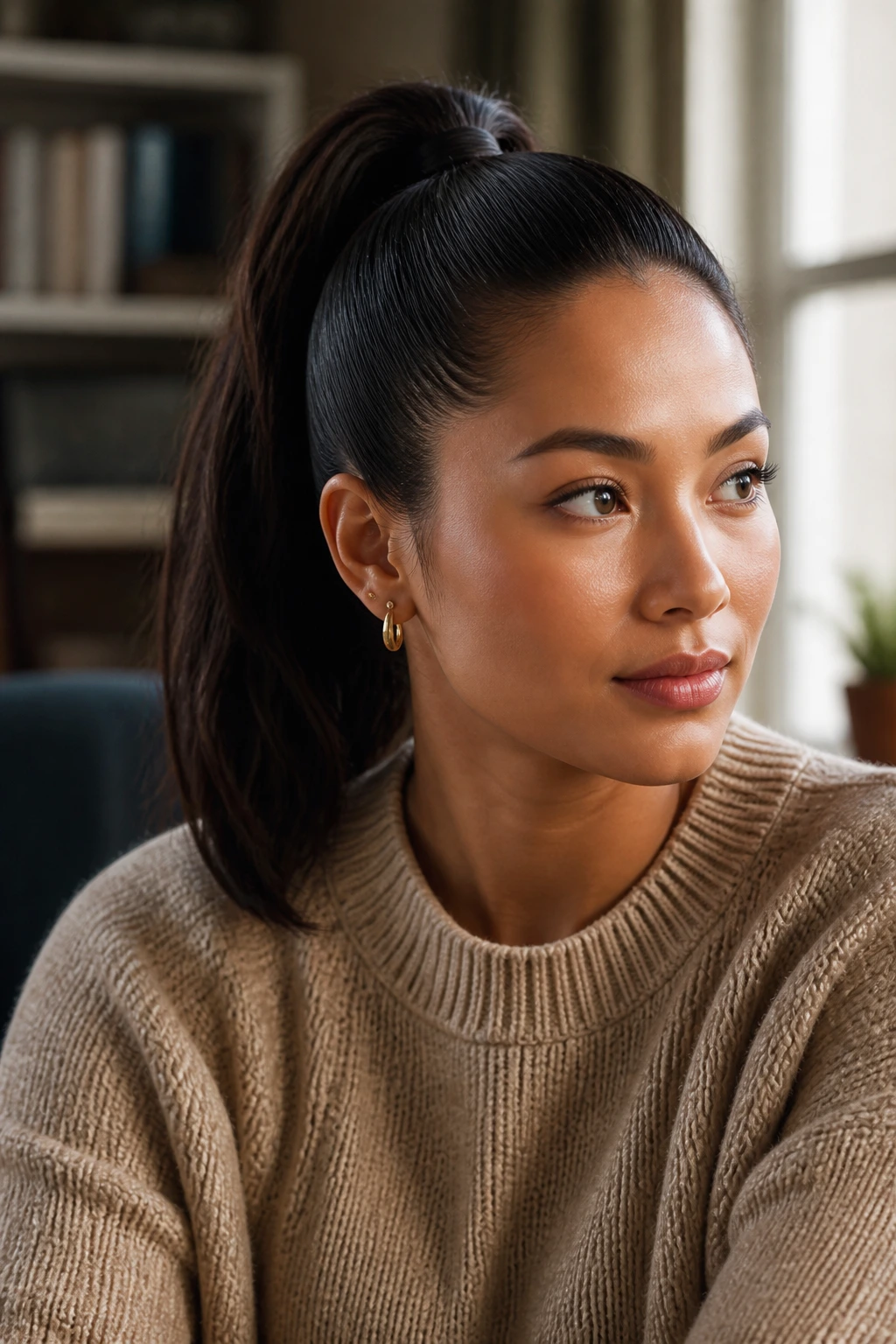 Close-up portrait of a thoughtful woman in a cozy home workspace, symbolizing final thoughts on polished, seamless ponytails
