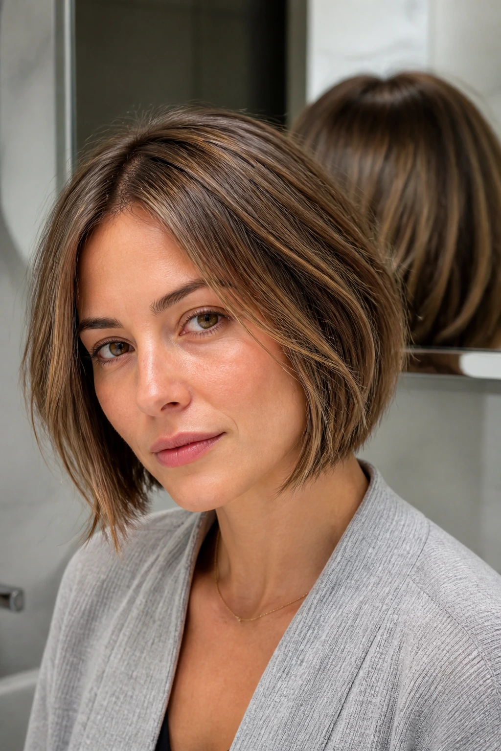 Real person with fine-hair bob showing lift at crown
