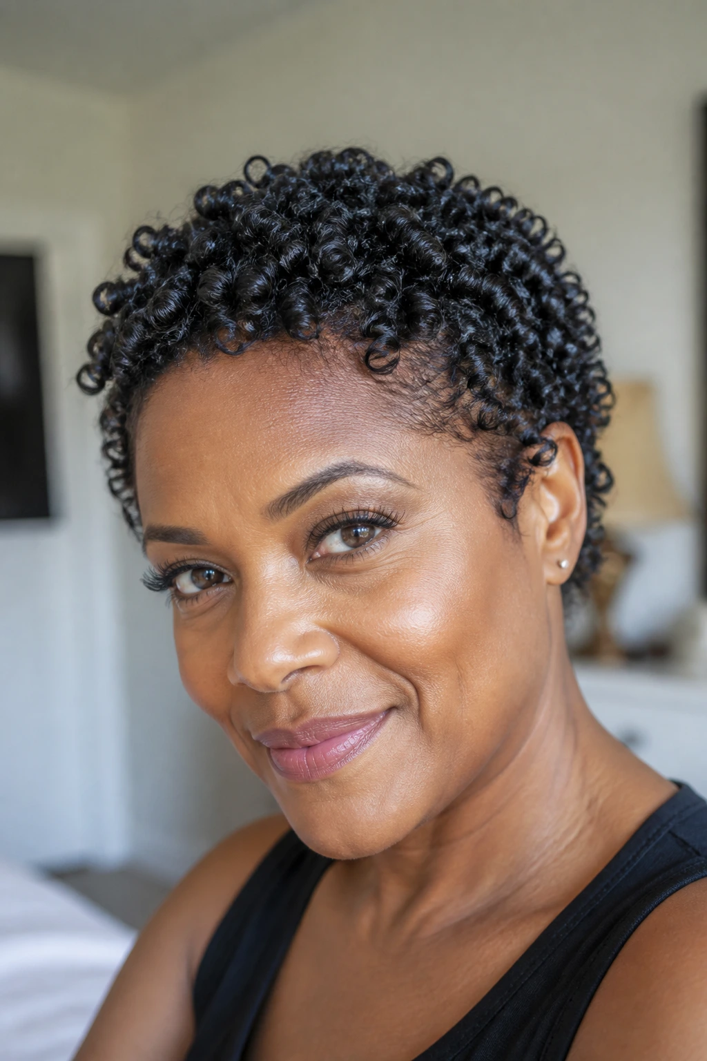 Close-up portrait of a real woman with finger-coil cropped Afro