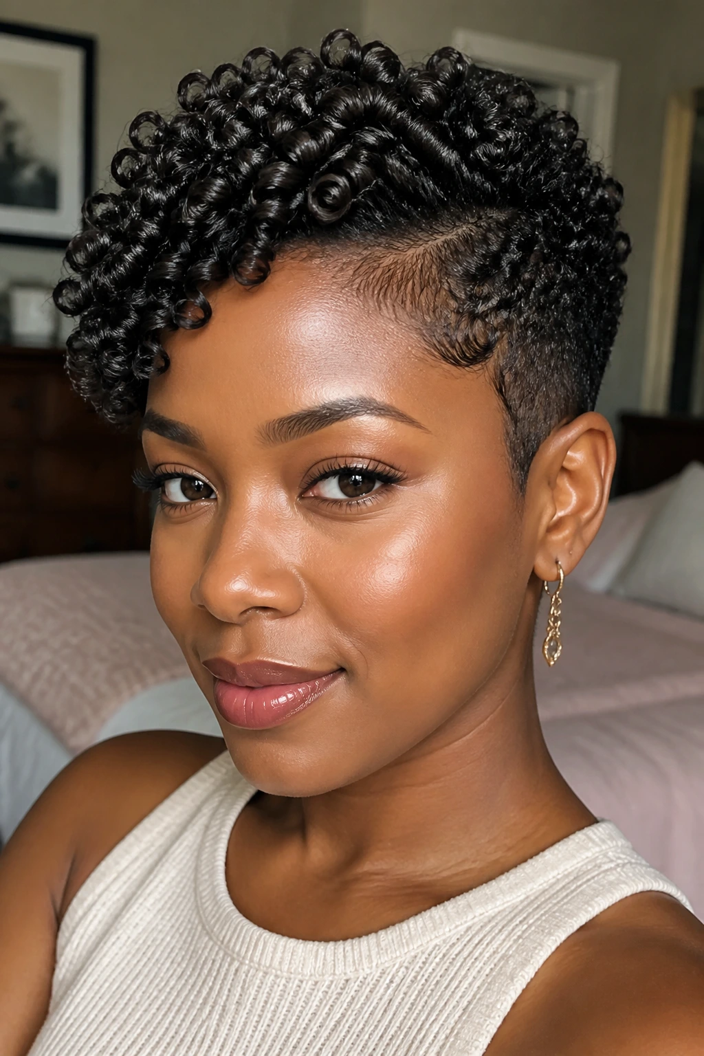 Close-up portrait of a real woman with finger-coiled tapered cut and side-sweep, natural window light