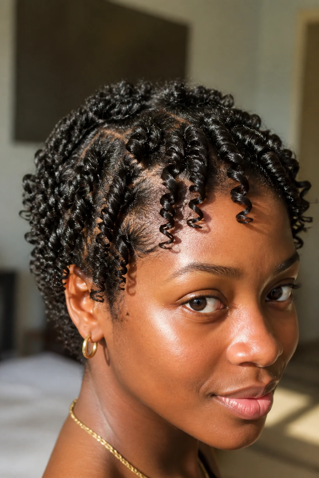 Close-up portrait of a real woman with finger coils hairstyle