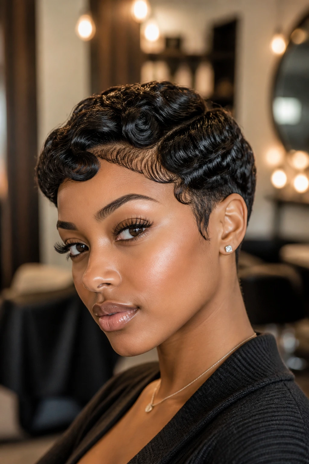Close-up portrait of a real person with finger waves on a tapered haircut