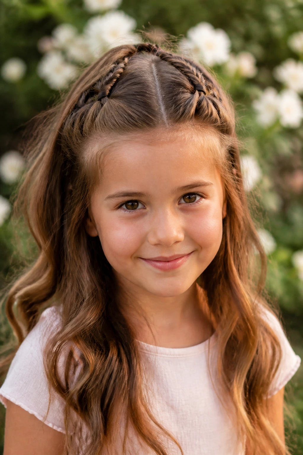 Close-up of a child with fishtail braids brought to the crown in a half-up style
