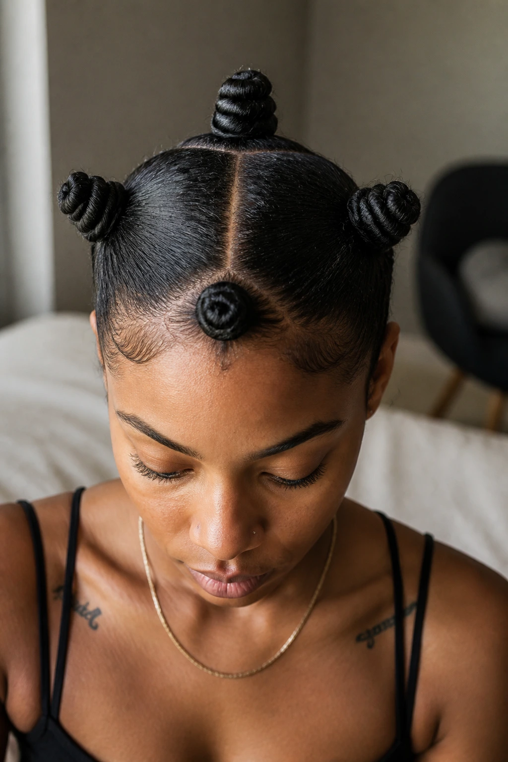 Close-up portrait of a real woman with five neat Bantu knots in a minimal five-knot set