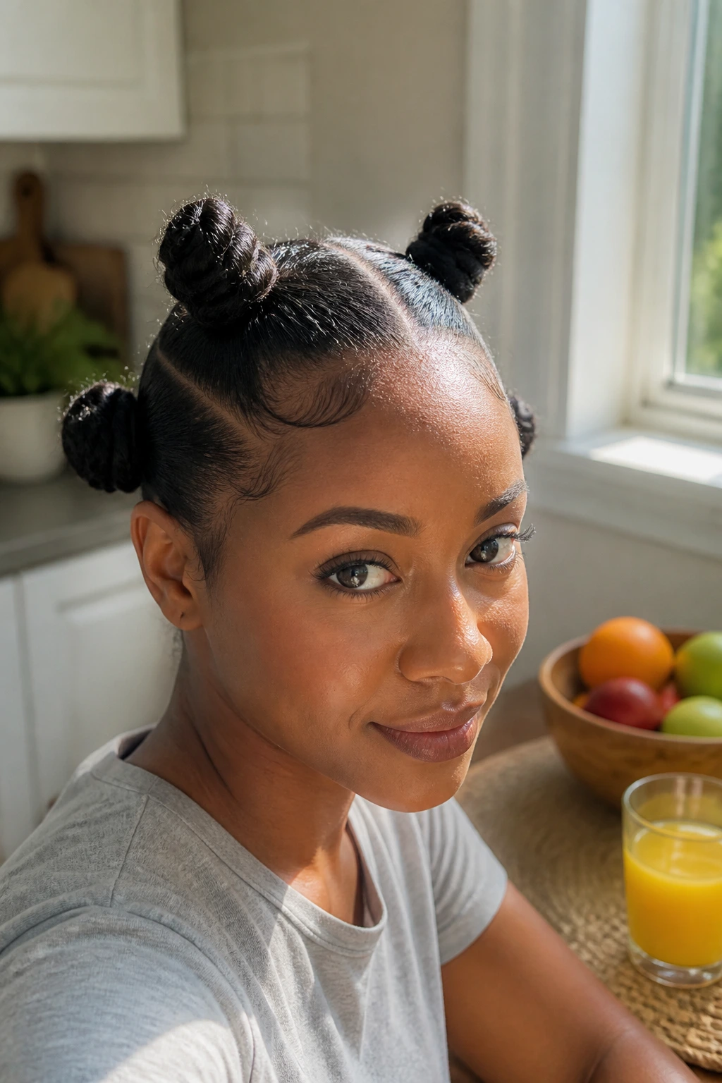 Close-up of a real woman with four-section knot layout for quick morning style