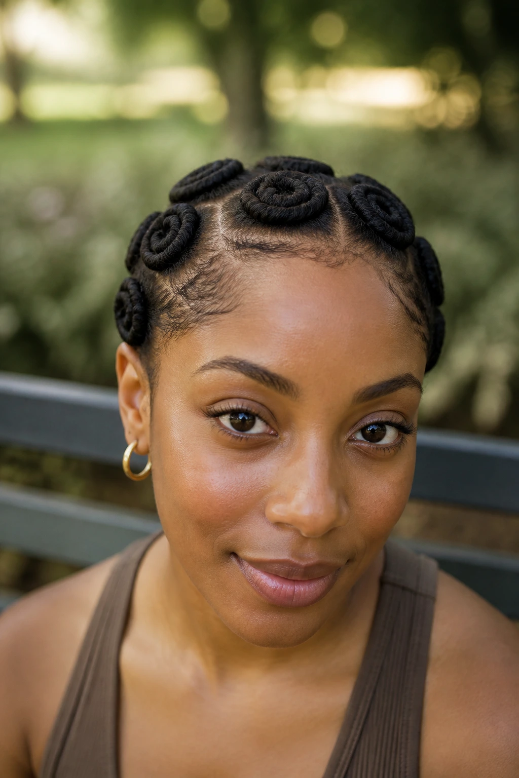 Close-up portrait of a real person with low flat knots against the scalp