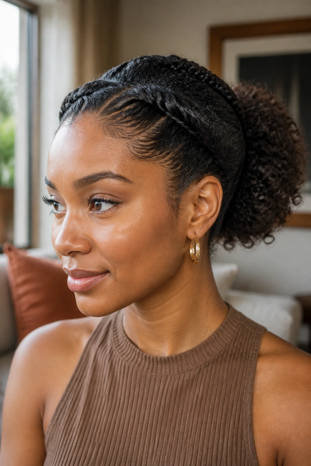 Real woman with flat twists at the front and a back puff, portrait shot