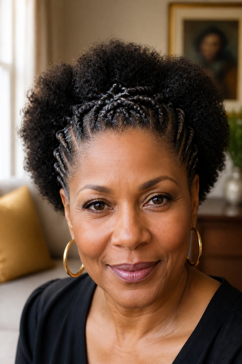 Close-up of a crowned flat-twist cropped afro on a real person