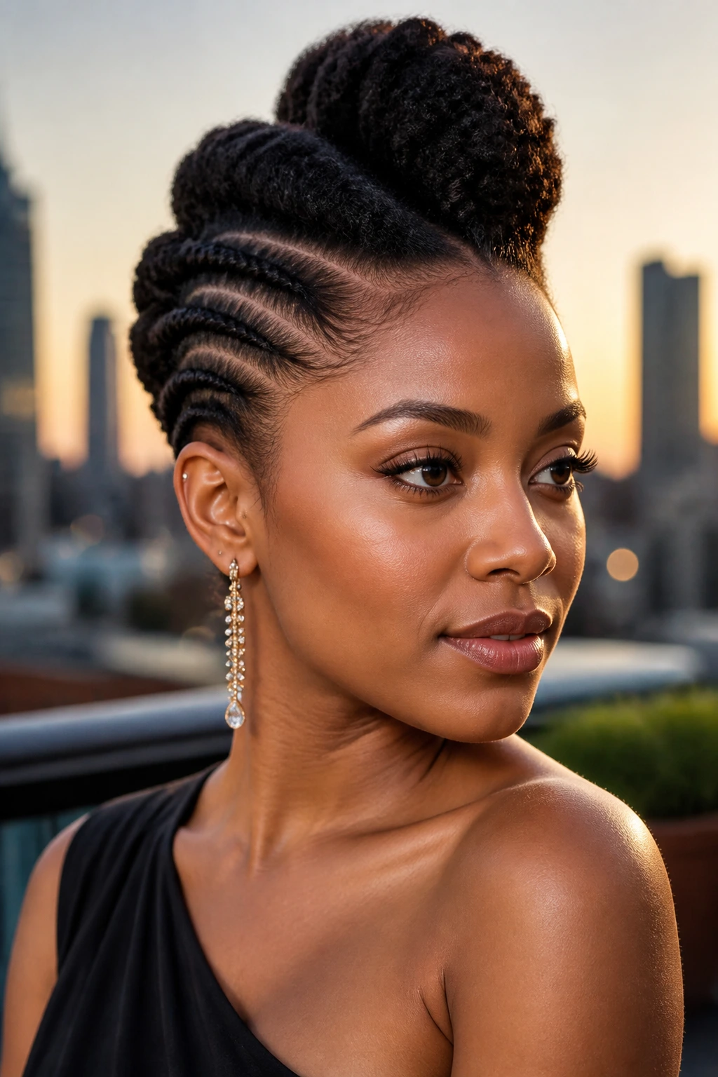 Close-up of a woman with a flat-twist faux hawk against a city rooftop sunset
