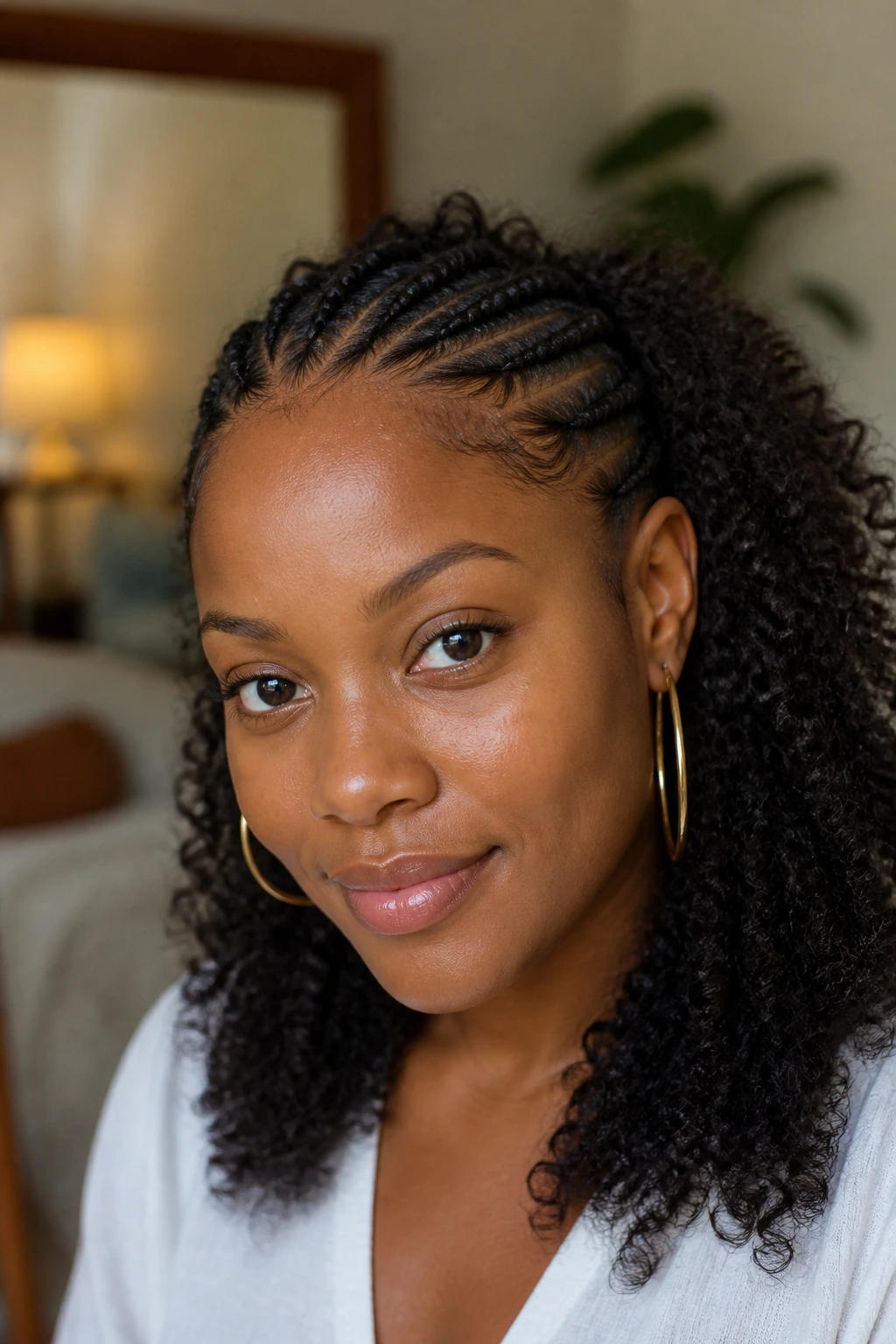 Close-up of a real person with flat twists at the front and loose back curls
