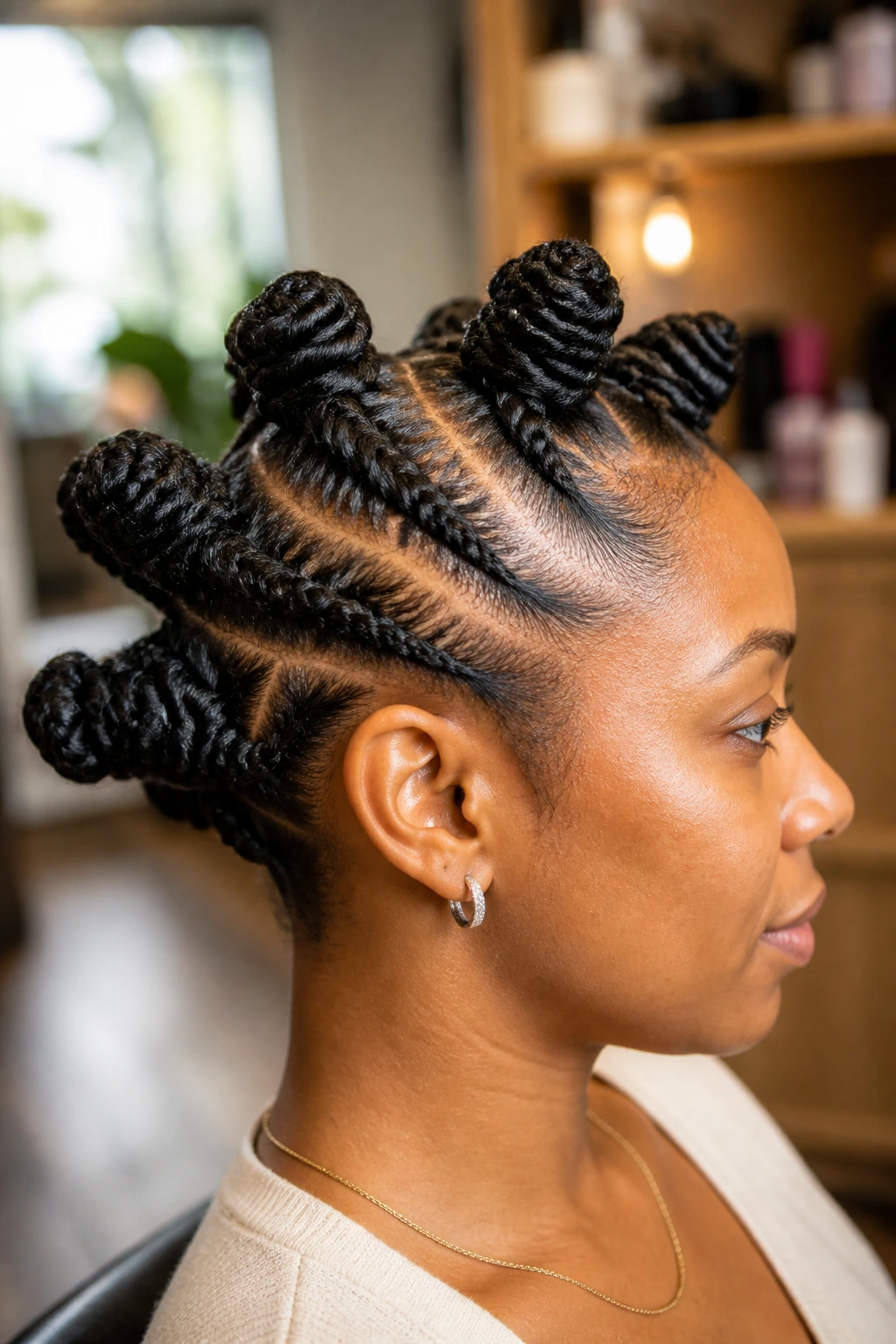 Close-up of a real woman's head showing flat twists transitioning into Bantu knots in a cozy studio