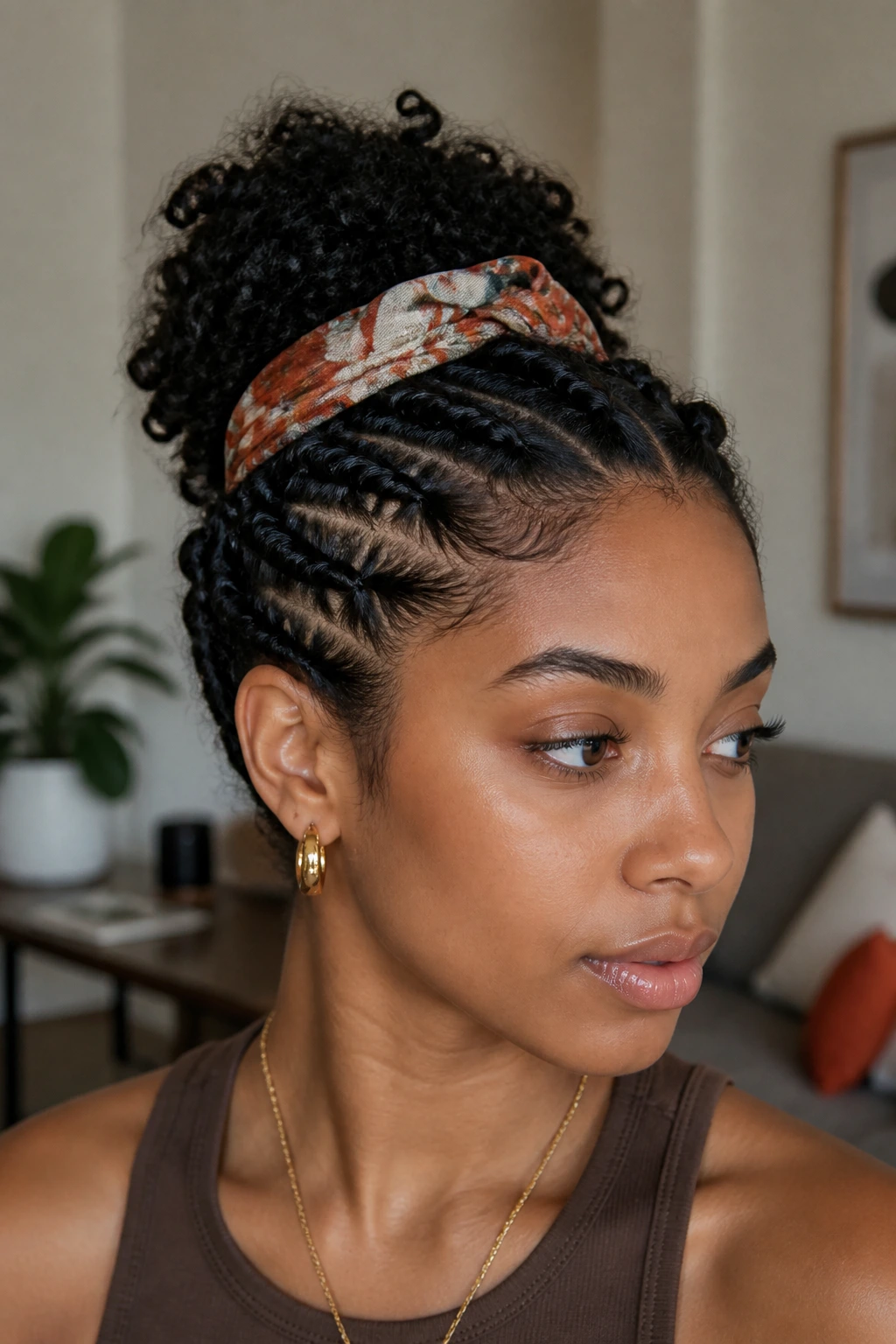 Close-up of a real woman with flat-twist updo and loose scarf
