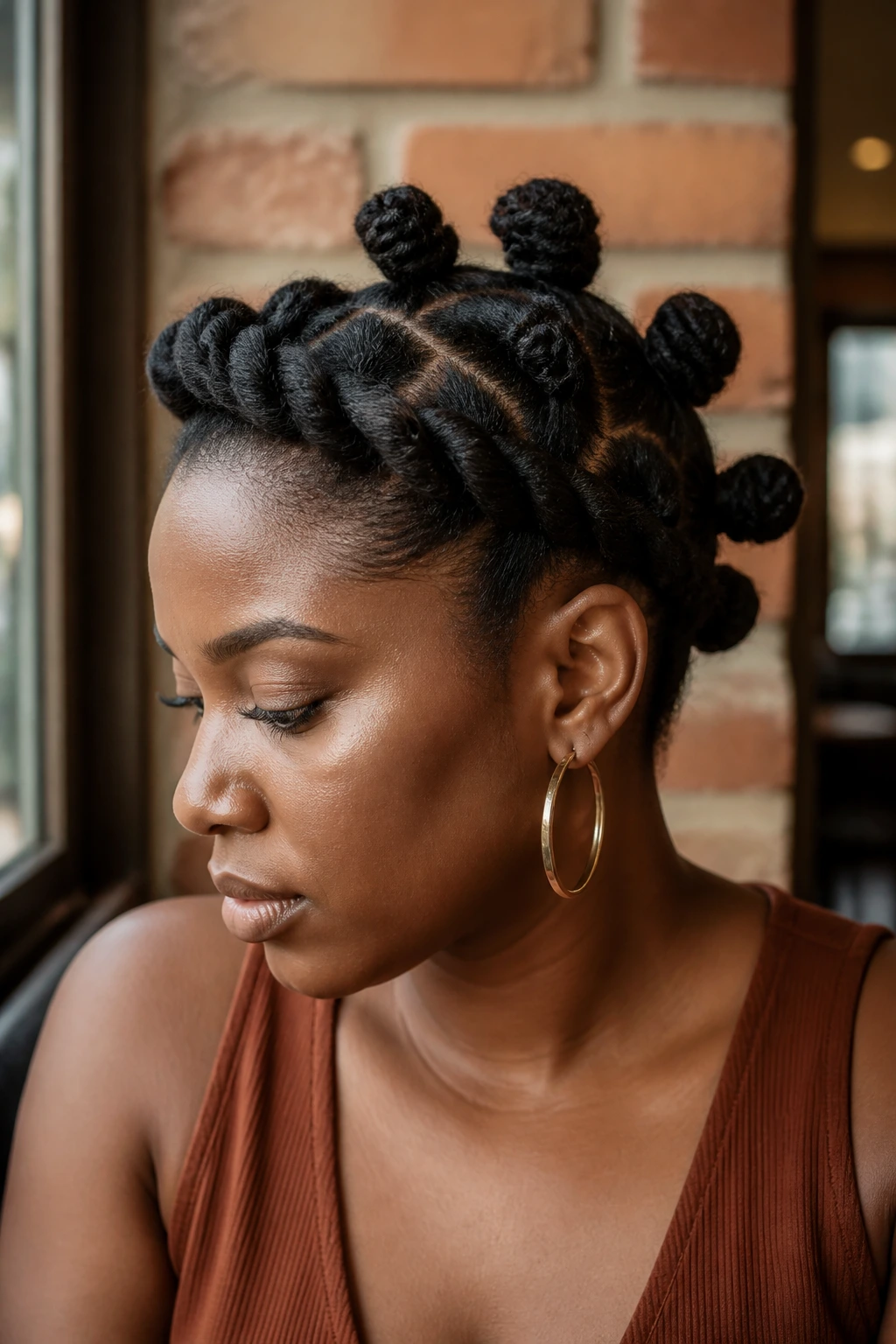 Close-up of a real woman with a flat-twist halo and back knots.