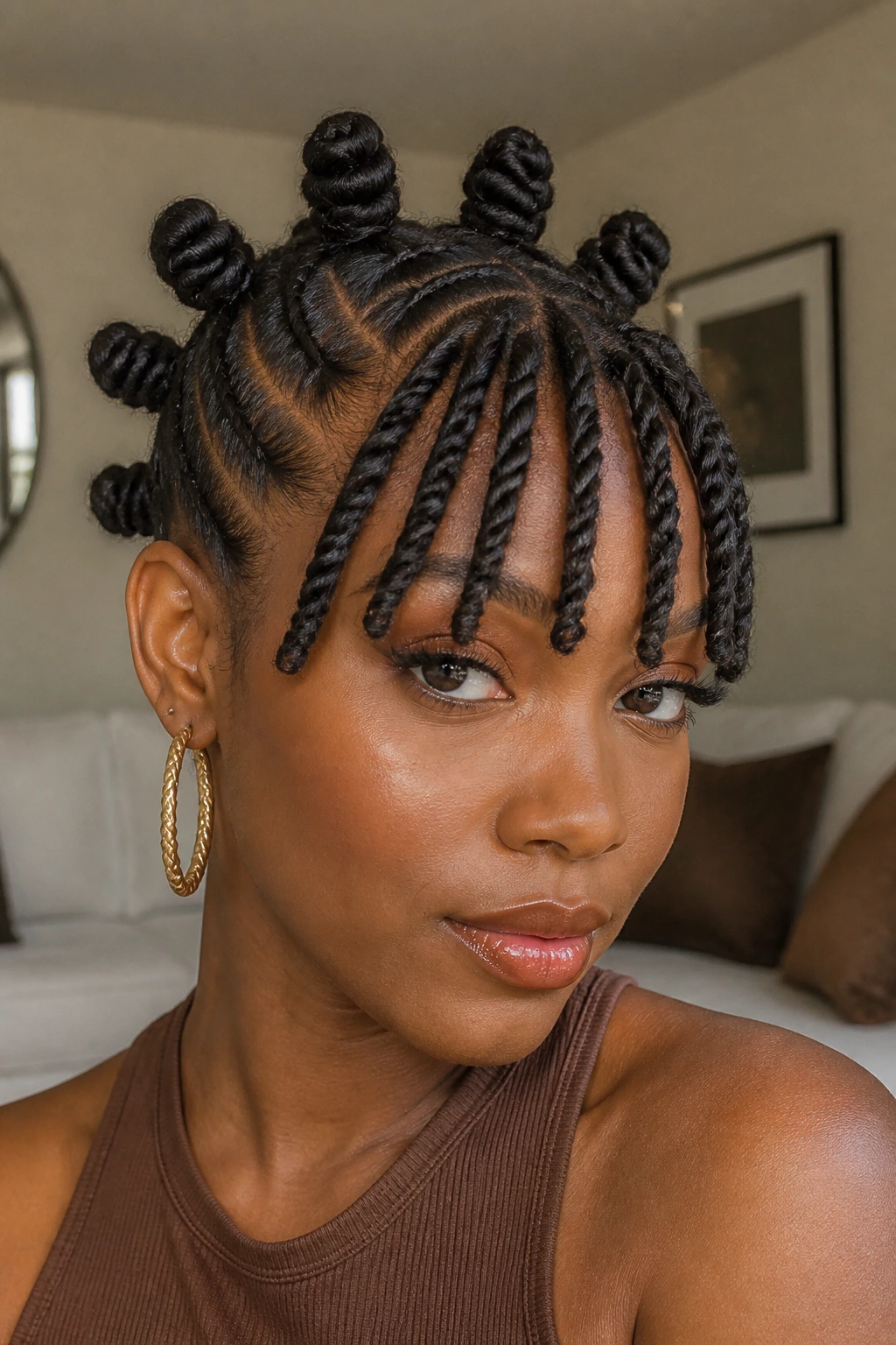 Flat-Twisted Front Into Bantu Knots and Bangs close-up