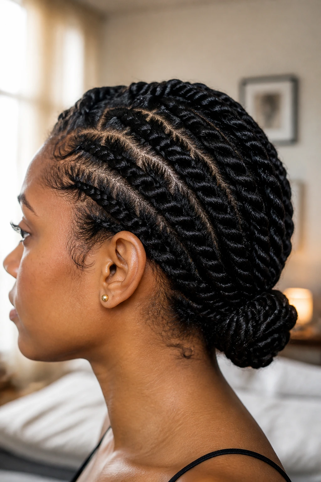 Close-up of a real woman with flat twists forming a neat low knot at the nape