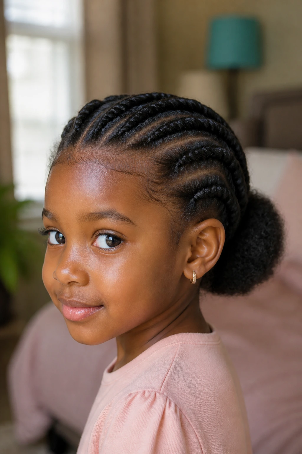 Close-up of a real little girl's flat twists and low puff hairstyle.