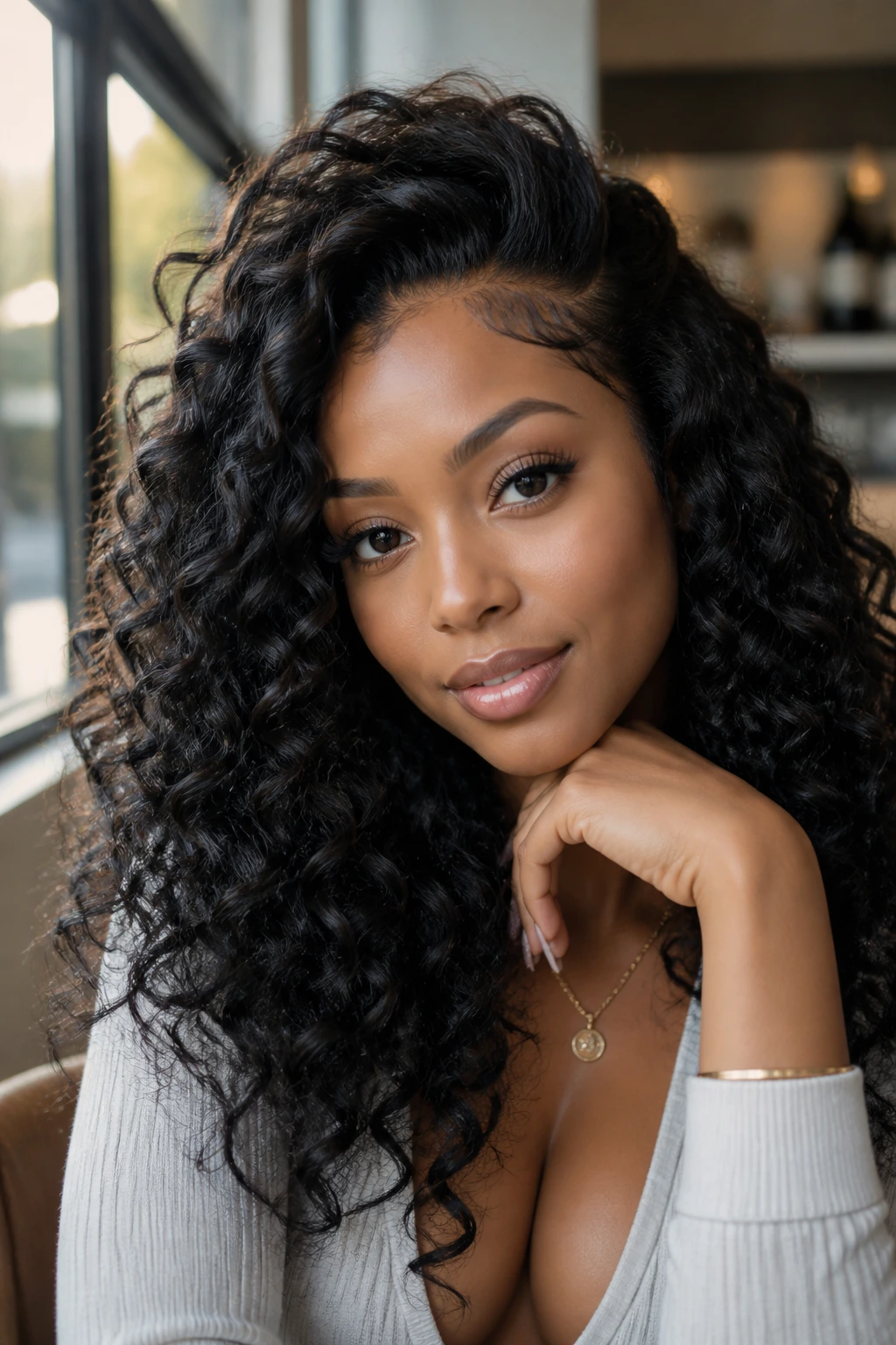 Close-up of real woman with flipped-over side-part curly wig and voluminous crown